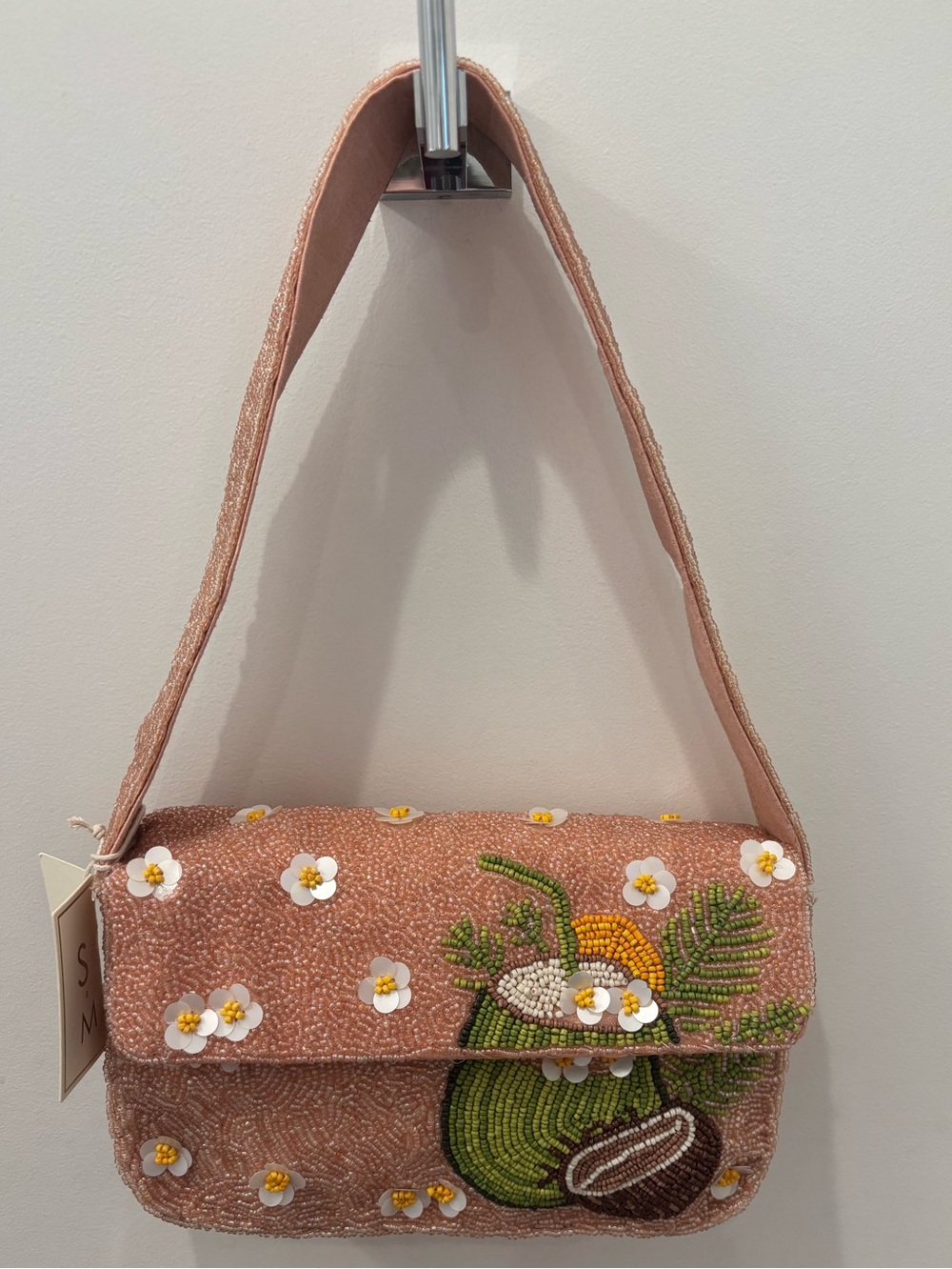 NWT Sol & Mer Beaded peachy Pink Floral Coconut cocktail Shoulder Bag